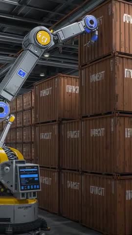 Vertical robot arm reaching top shipping crate in automated warehouse inspection video