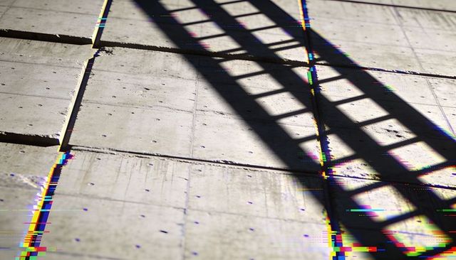 Diagonal Ladder Shadow on Sunlit Concrete Panels with RGB Glitch Accents