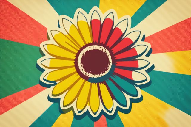 Flower with colourful petals over colourful stripes, created using generative ai technology. Retro, nature and flower concept.