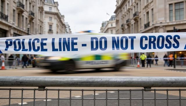 Police line do not cross tape blocking urban street with blurred emergency vehicle racing past