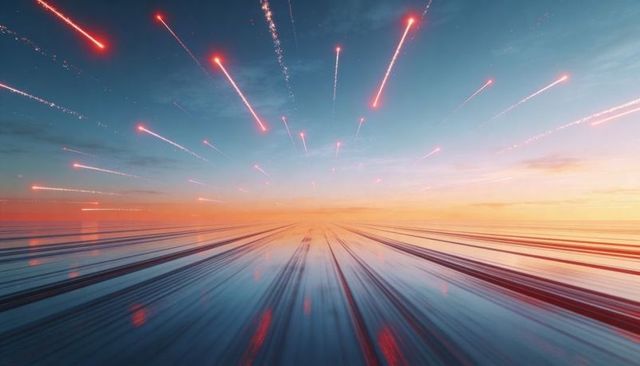 Meteor shower creating glowing red-orange streaks over reflective ocean at twilight horizon