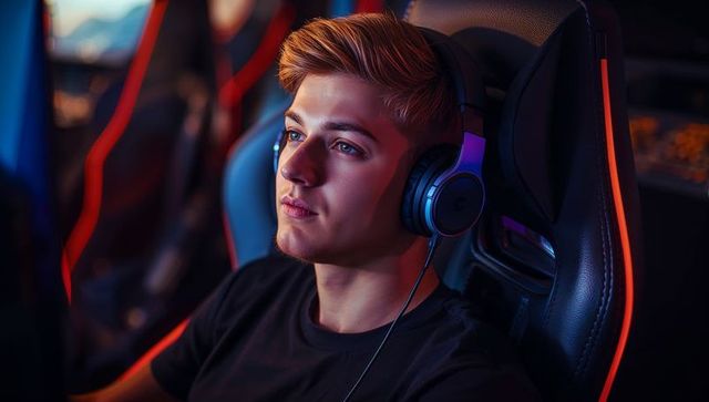 Young gamer lost in virtual world with headset and game chair