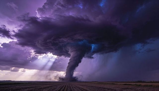 Massive Tornado Over Farmland with Purple Supercell Sky and Sun Rays Piercing Clouds