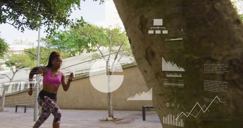 Urban runner training with digital fitness hud and performance charts