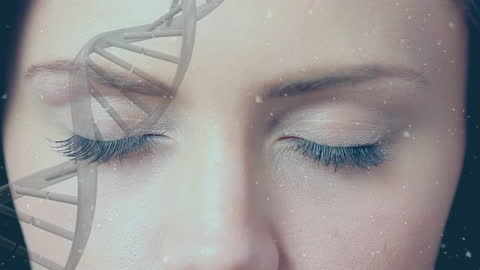 Abstract DNA Helix and Falling Snow Over Peaceful Woman's Face