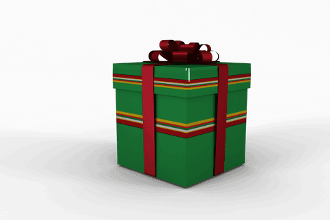 Transparent holiday gift box with red ribbon and green wrap
