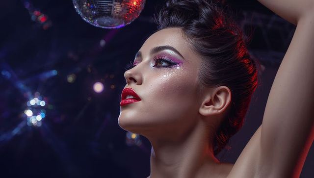 Glamorous Woman Posing Under Disco Lights at Nightclub