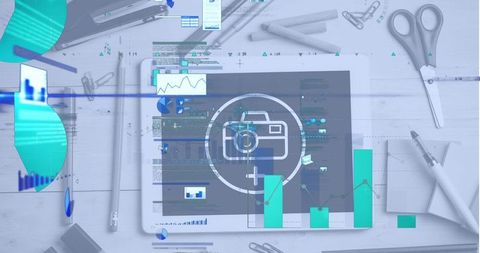 Infographic interface on tablet with stationery for digital analysis