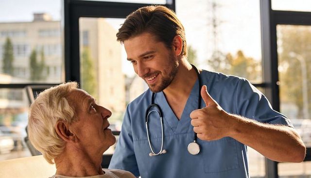 Smiling doctor giving thumbs-up to senior patient during supportive clinical consultation