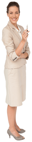 this image shows a confident businesswoman holding a pen while smiling. her neutral attire suggests professionalism, making this suitable for presentations and business content. useful for corporate websites, employment articles, and career-oriented marketing materials.