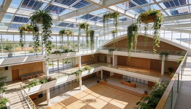 Sunlit biophilic atrium with multilevel timber lobby, hanging plants and solar skylights
