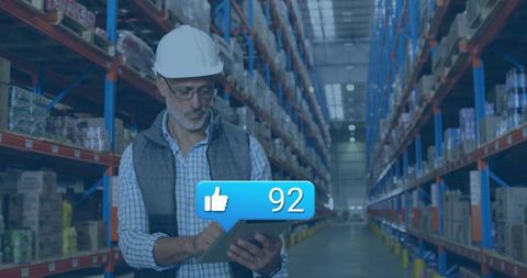 Warehouse manager reviewing inventory on tablet digital concept