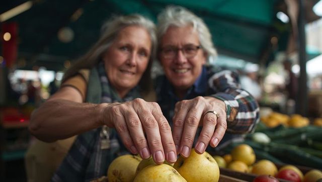 Senior couple reaching for yellow apples at farmers market under green canopy