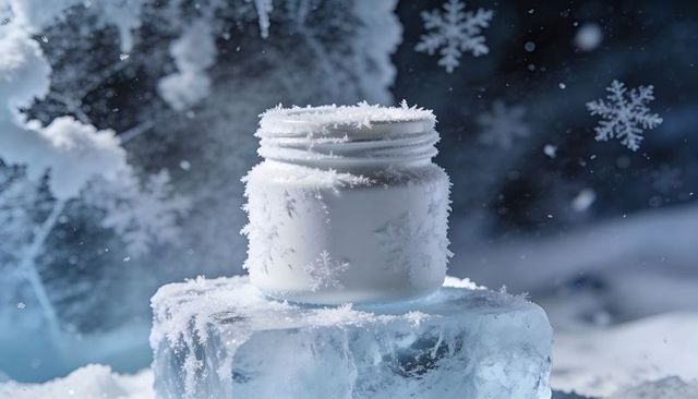 Frost-covered cosmetic jar resting on ice block in cold lab with snowflake crystals