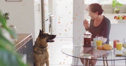 Woman Enjoying Breakfast With Dog in Modern Kitchen