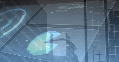 Projecting holographic HUD on urban glass facade with arcade icon and wireframe grid