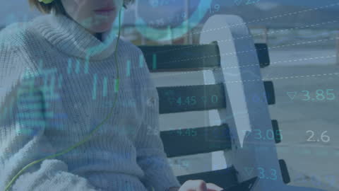 Woman Using Smartphone at Beach with Stock Market Data Overlay