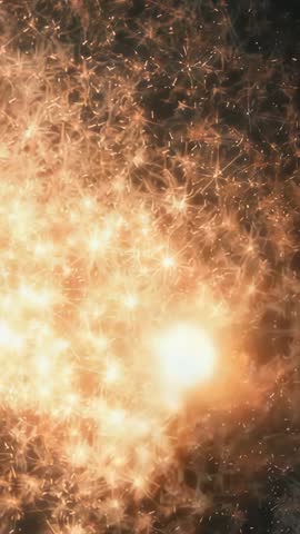 Vertical cosmic particle bloom with shimmering golden sparks clustering around glowing orb