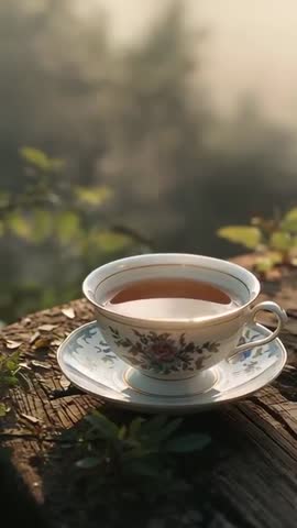 Vertical video of floral porcelain teacup sitting on rustic log with warm morning bokeh