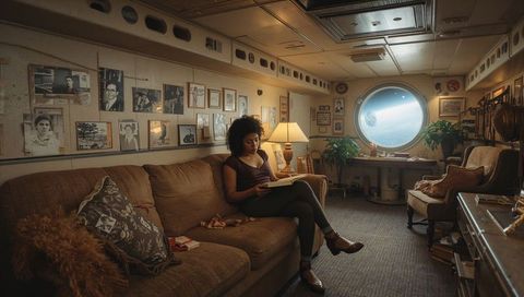 Curly woman reading in retro space lounge with porthole view of distant planet, cozy cabin