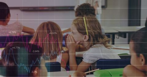 Children whispering in classroom with digital graph overlay
