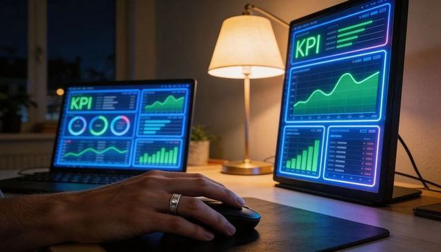 Hand on mouse monitoring kpi dashboards on laptop and monitor in nighttime home office