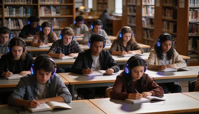 High School Students Studying with LED Headphones in Library Writing and Focusing