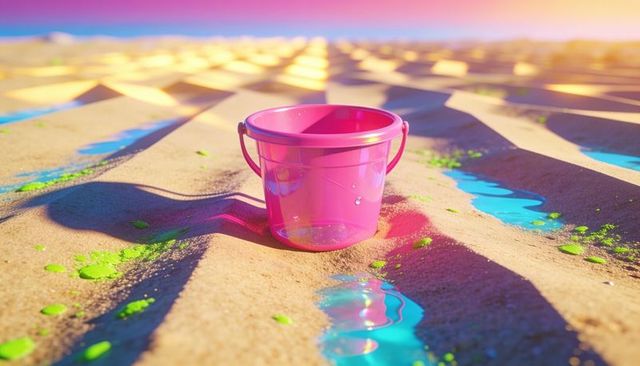 Translucent pink bucket sitting on rippled sand with turquoise pools and neon paint