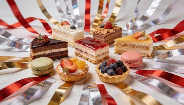 Festive Dessert Arrangement of Layered Cakes, Fruit Tarts and Colorful Macarons