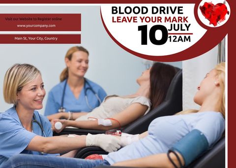 Community blood drive promotion with friendly nurse assisting donor