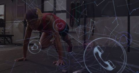 Athletic Woman Exercising in Gym with Digital Interface
