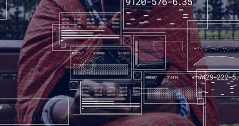 Senior man wearing red plaid shawl using smartphone with augmented data overlays in park