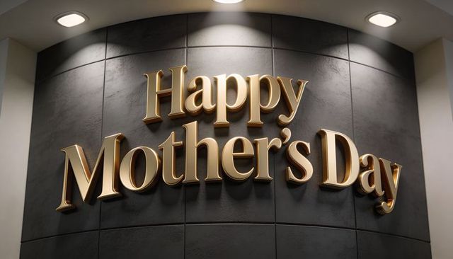 Gold mother's day signage on dark curved wall under warm spotlights