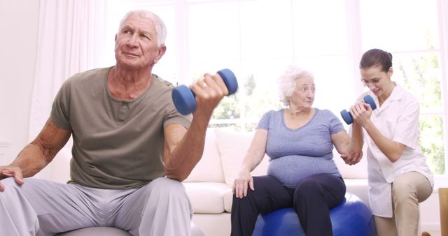 Senior Men and Women Exercising with Dumbbells at Home - Download Free Stock Images Pikwizard.com