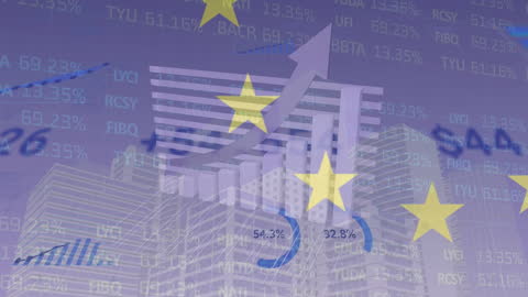 Financial Data and Graphs Superimposed on EU Flag
