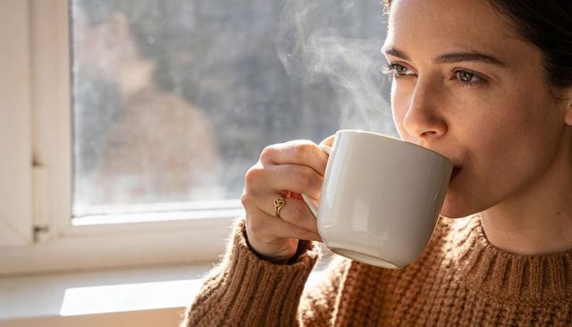 Sunlit morning coffee moment: woman drinking from white mug in cozy brown knit sweater