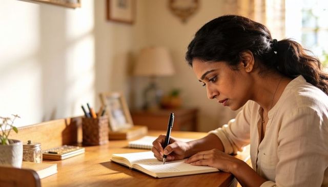 Woman writing journal at sunlit wooden desk in cozy home workspace with warm sunlight