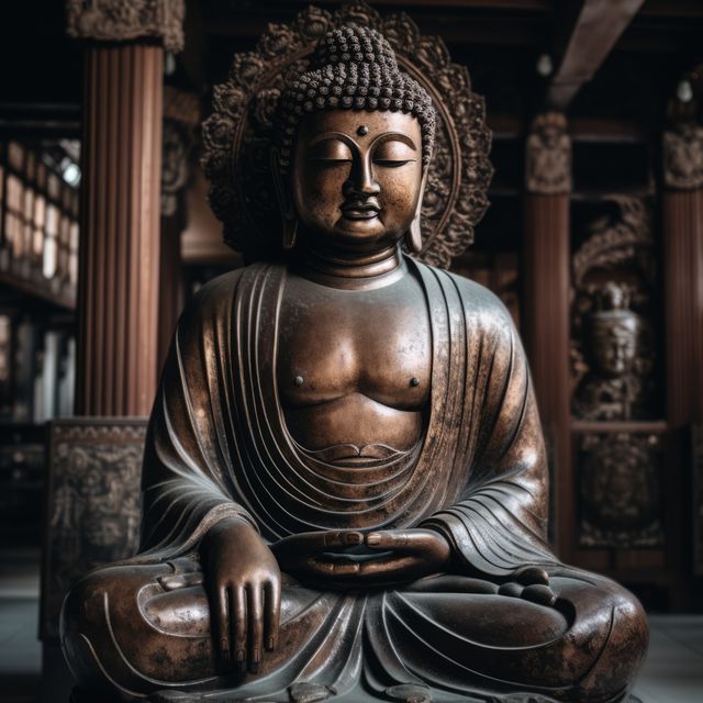 Depicts a serene Buddha statue in a meditation pose inside a tranquil temple. The bronze sculpture highlights intricate details, suggesting a place of calm and reflection. Ideal for use in articles or websites focusing on spirituality, Buddhism, meditation practices, tranquility, and sacred artifacts. This visually captivating representation promotes a sense of peace and introspection.