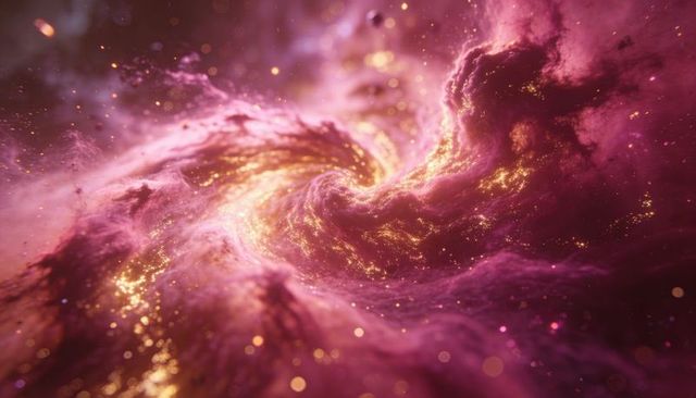 Swirling magenta-violet nebula vortex with luminous golden core and sparkling dust