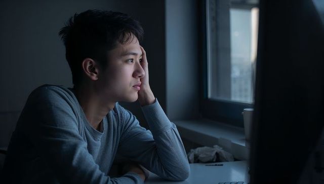 Pensive young man gazing out window at night while resting at minimalist remote workstation