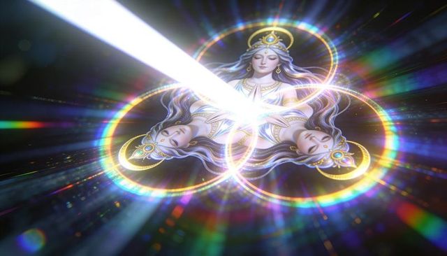 Radiating indian goddess triptych with haloed crowns and luminous mandala core