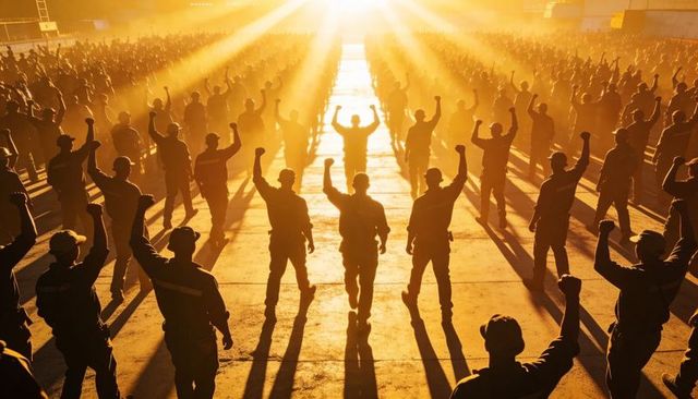 Industrial workers marching at sunrise raising fists in solidarity casting long shadows