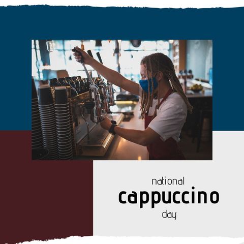 Masked barista making cappuccino on national cappuccino day