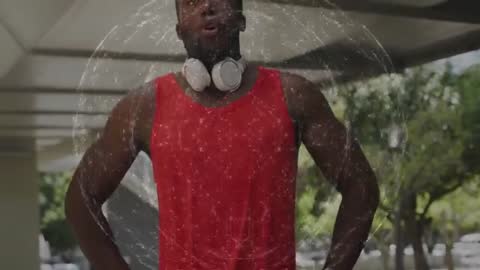 Man in Red Tank Top with Futuristic Tech Network Overlay