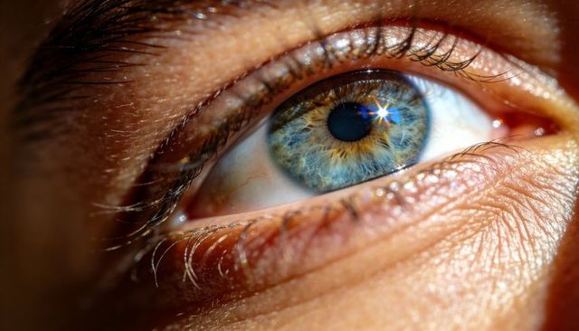 Extreme macro of blue-green iris with gold inner ring and star highlight, human eye texture