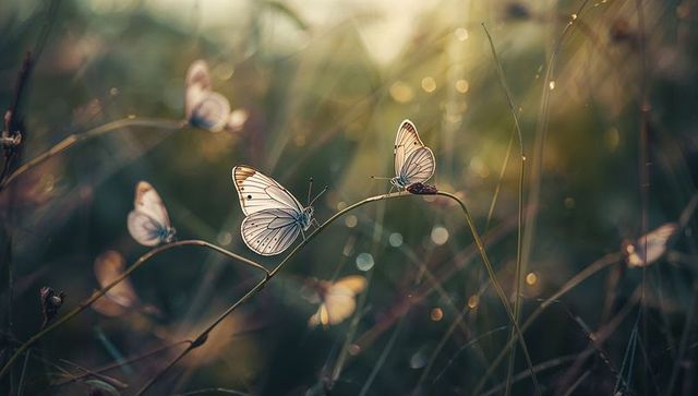 Backlit white butterflies perching on dewy grass stems at sunrise with soft tranquil bokeh