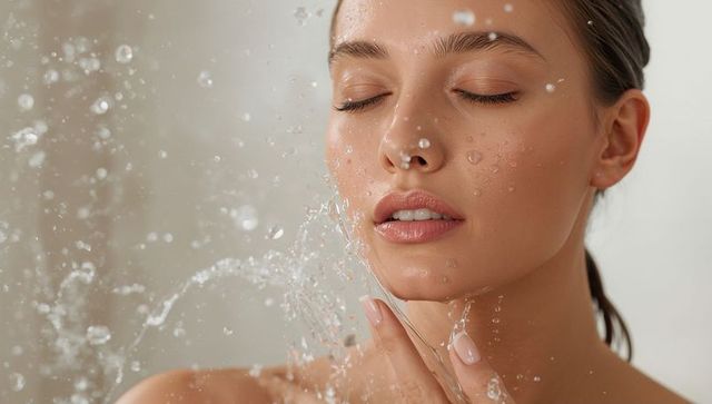 Young asian woman refreshing skin with splashing water closeup beauty portrait
