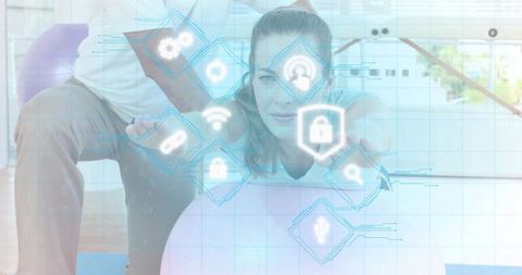 Woman reaching for virtual fitness icons on stability ball during home rehabilitation