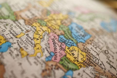 Showing vintage european map close-up featuring yugoslavia romania italy hungary for history