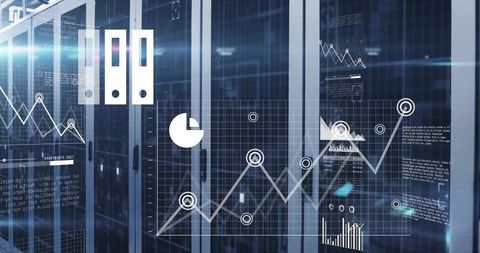 Futuristic Data Center with Servers and Digital Analytics Overlay